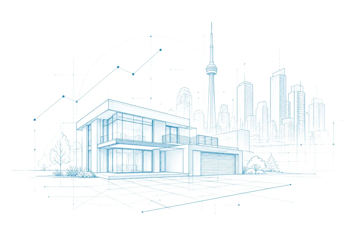 Architectural line drawing of a modern home against the Toronto skyline